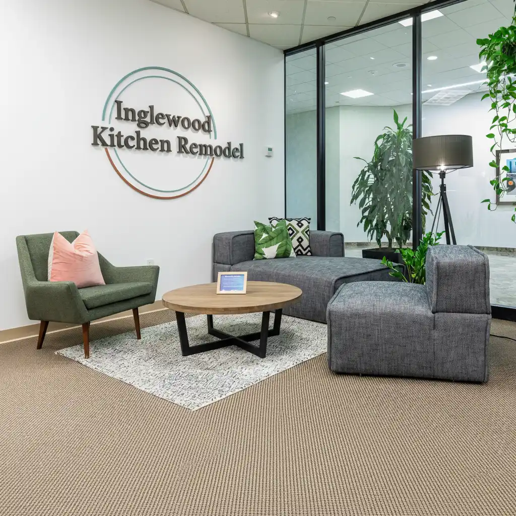 Inglewood Kitchen Remodel office interior with company logo and branding on wall